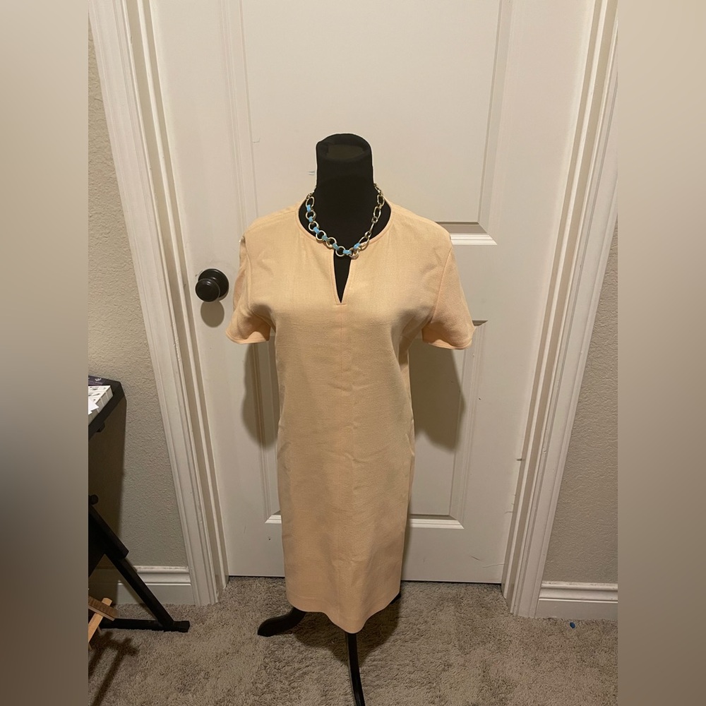 Cream Sheath Dress with Mock Neck and Short Sleeves